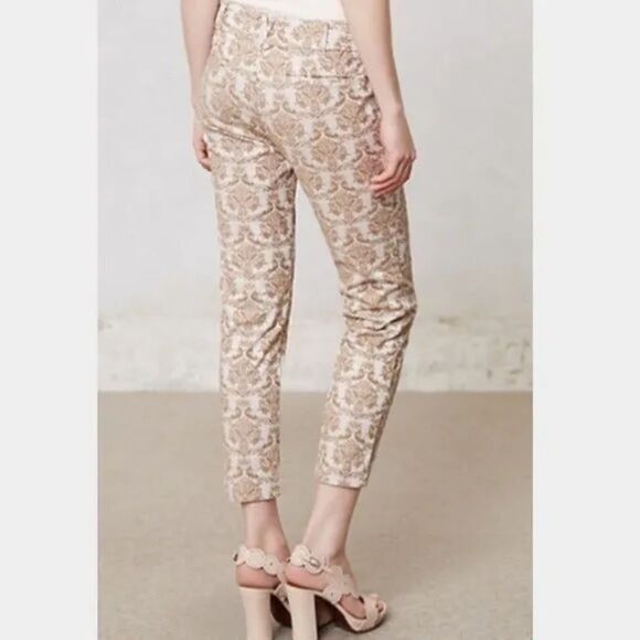Anthropologie Cartonnier Charlie Ankle Pants | White & Tan Baroque Print Size 4 - Picture 2 of 13